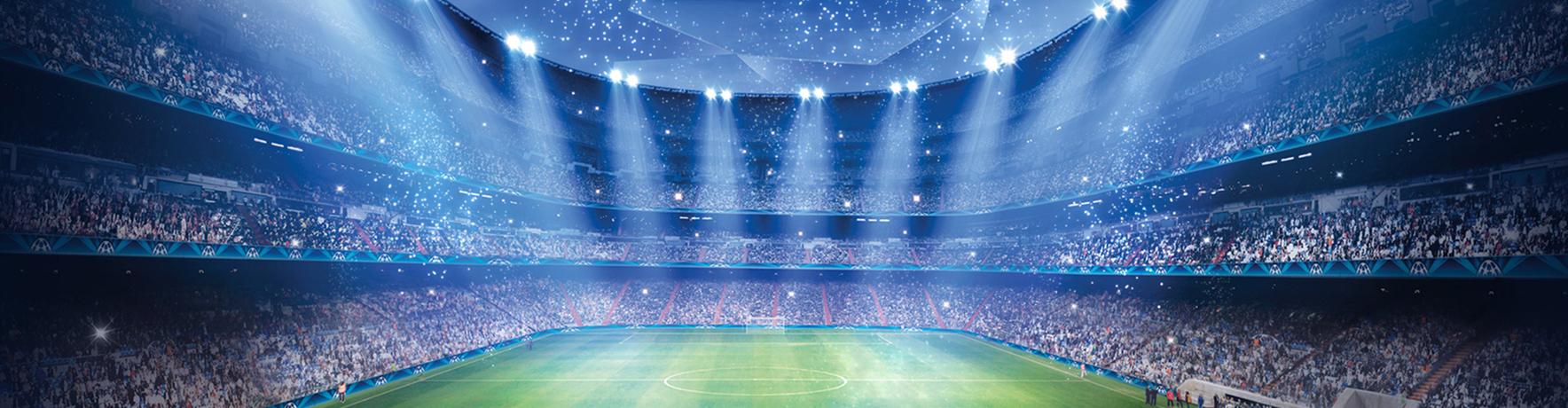 Champions League Tickets & Reisen KI generiertes Bild von ein Fußballstadion mit blauen Hintergrund und Flutlicht Leuchten